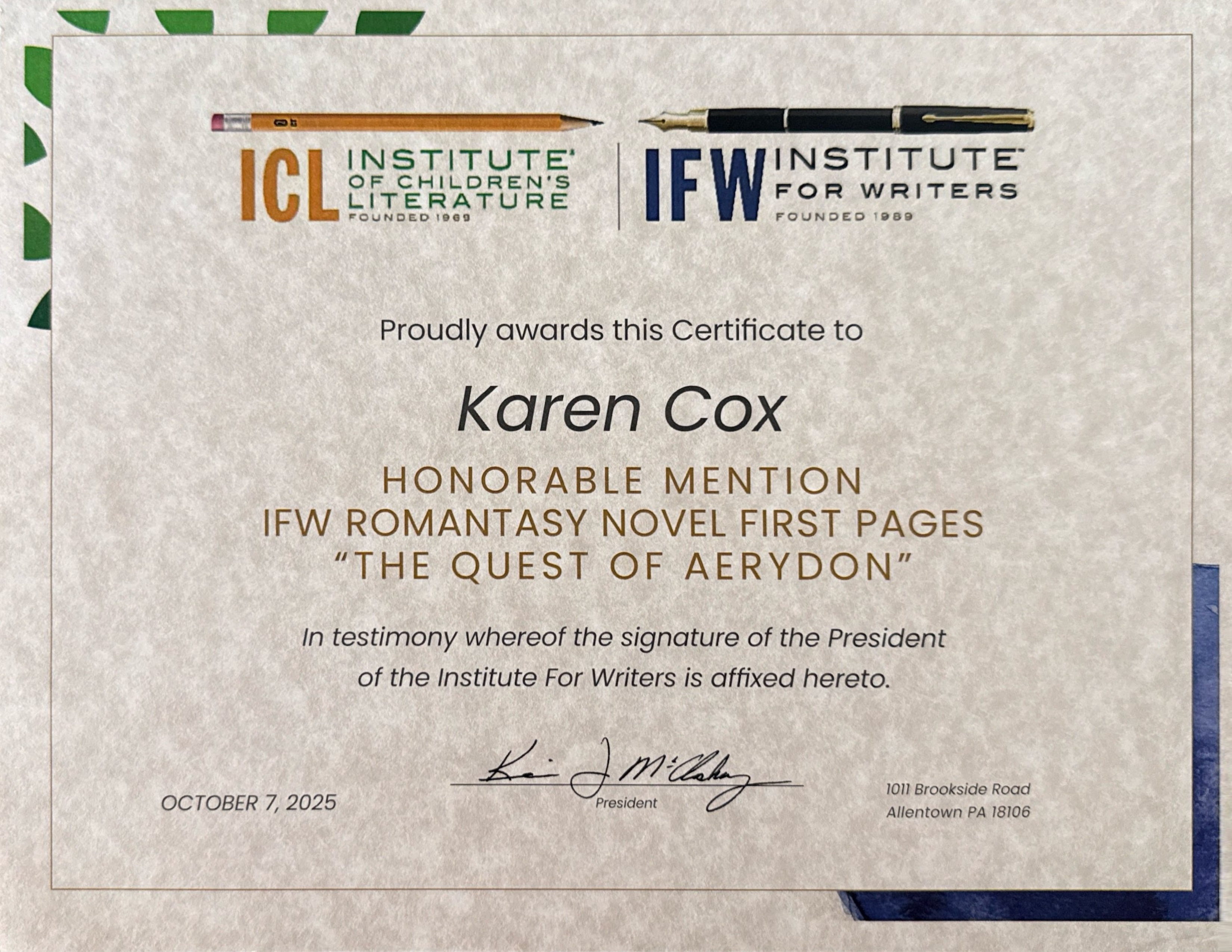 IFW Romantasy Novel First Pages Honorable Mention Certificate
